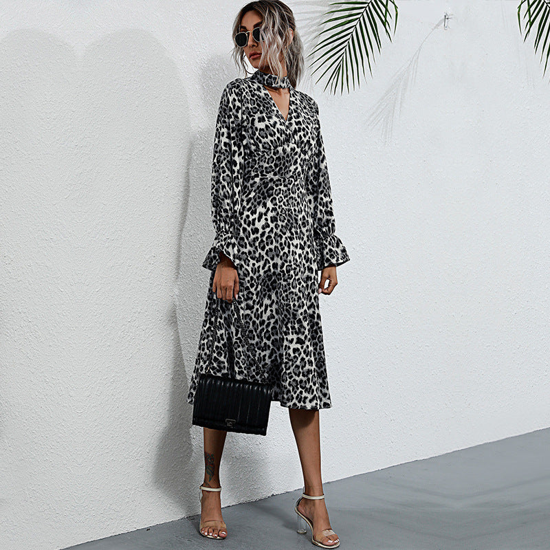 Leopard Print Long Sleeve Midi Dress