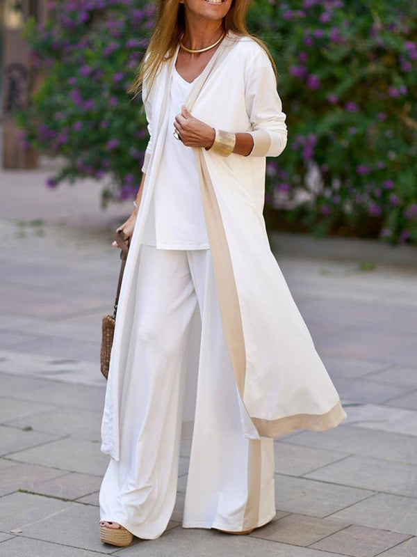 Women's Casual Contrasting Color Sleeveless Vest + Long Sleeve Cardigan Jacket + Trousers Three Sets