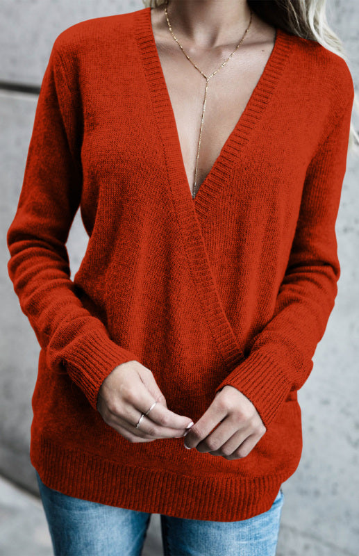 Women's Wool Knitted Long-Sleeved Big V-Neck Long-Sleeved T-Shirt Women's Loose Clothing