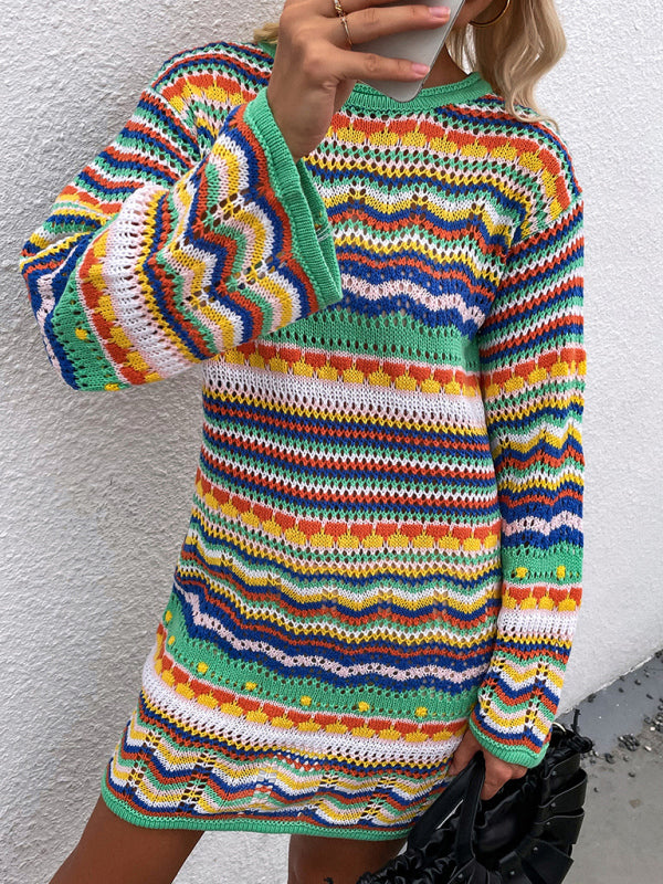 Women'S Rainbow Stripe Pullover Medium Length Sweater