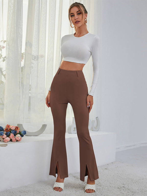 Women's horn high waist high waist thin split wide -leg pants