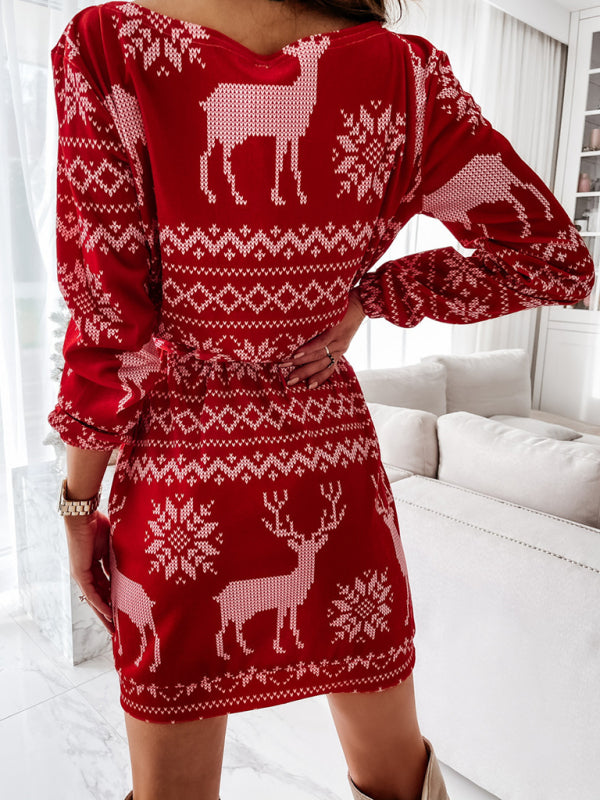 Festive Knit Pattern Long Sleeve Casual Dress