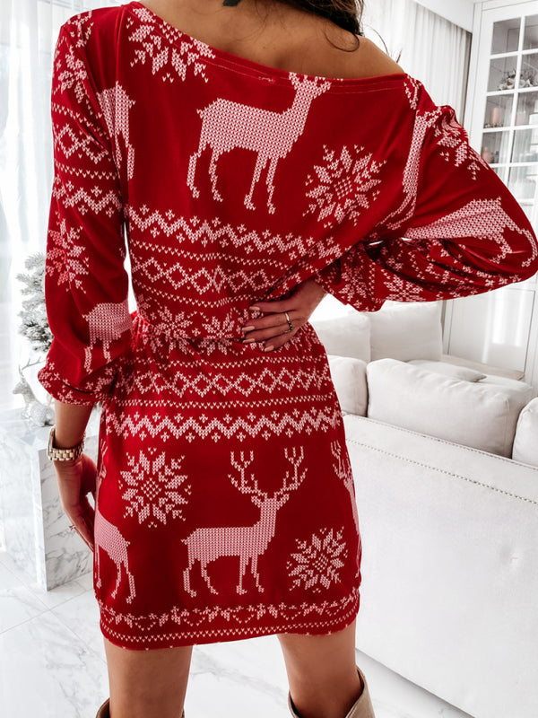 Festive Knit Pattern Long Sleeve Casual Dress