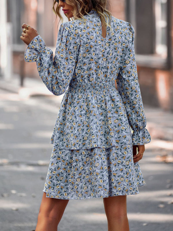 Floral Print Long Sleeve Ruffle Vacation Dress