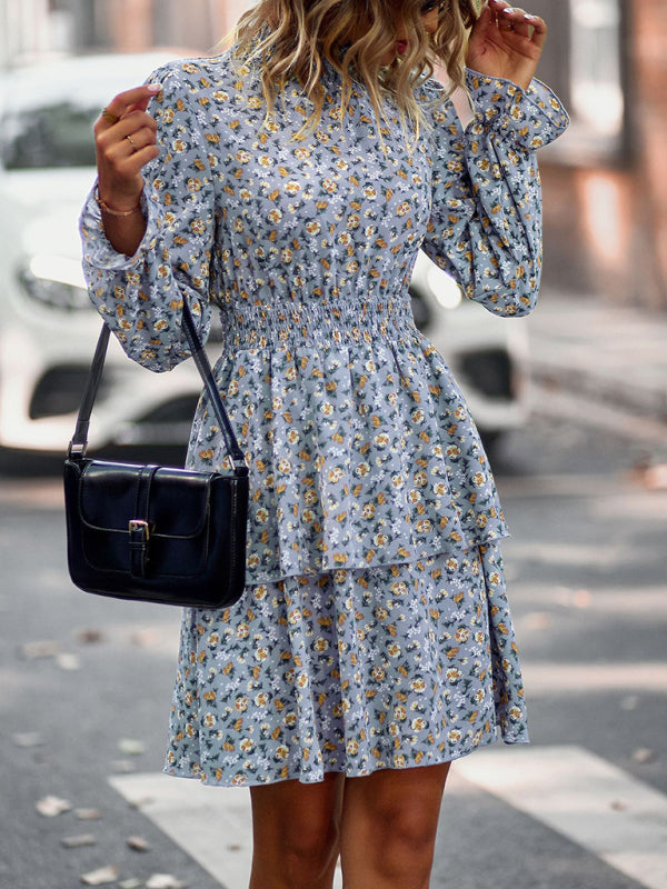 Floral Print Long Sleeve Ruffle Vacation Dress