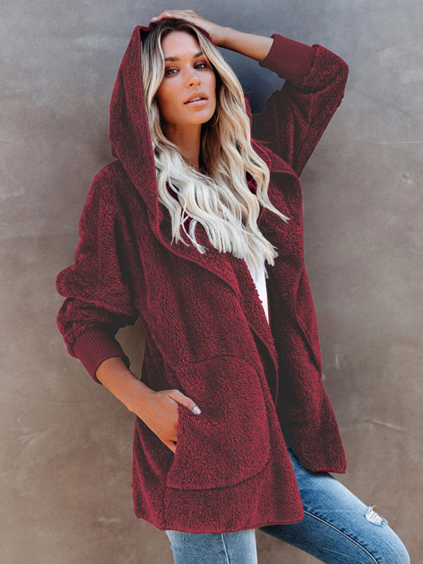 Women's Long Sleeve Jacket Casual Hooded Solid Color Cardigan Plush Women