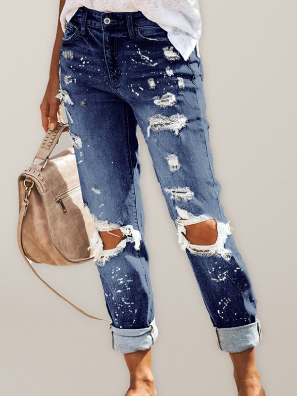 Stretch washed ripped straight-leg street style denim trousers