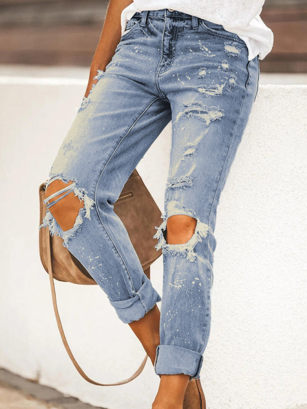 Stretch washed ripped straight-leg street style denim trousers