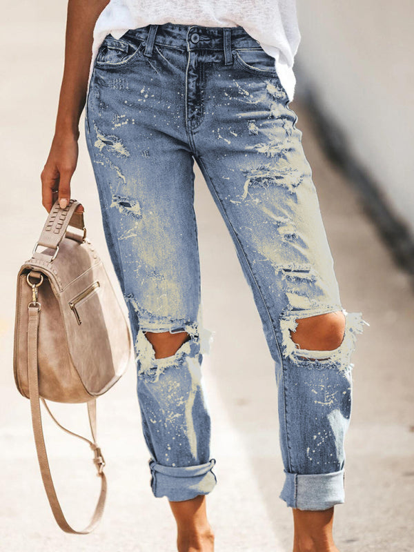 Stretch washed ripped straight-leg street style denim trousers