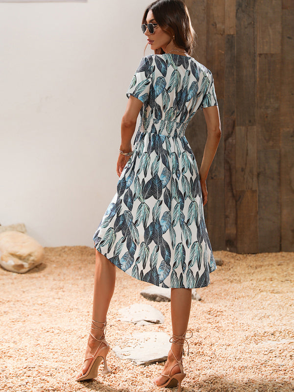 Leaf Print V-neck Vacation Midi Dress