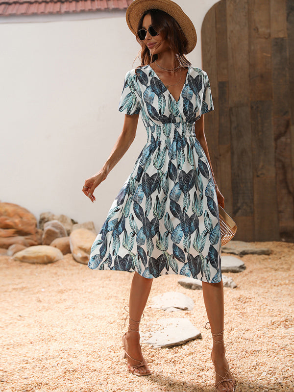 Leaf Print V-neck Vacation Midi Dress