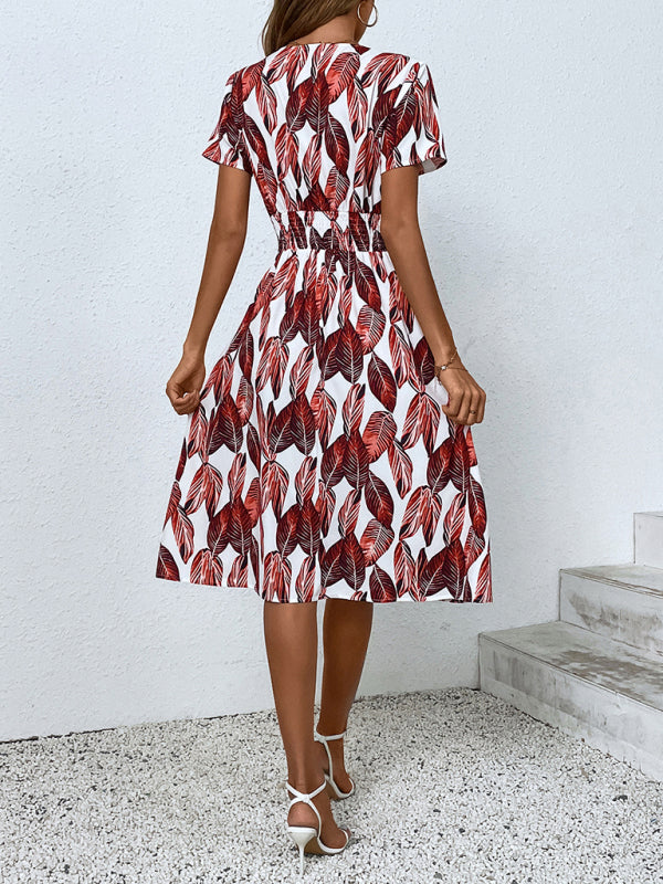 Leaf Print V-neck Vacation Midi Dress