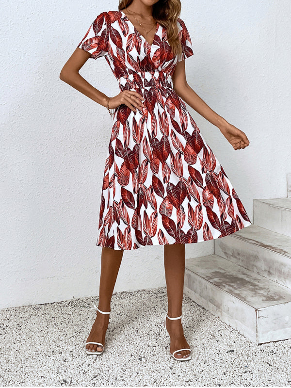 Leaf Print V-neck Vacation Midi Dress