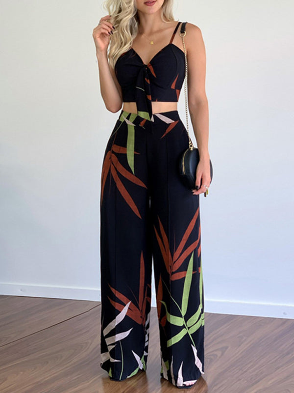 Linen-like casual suit V-neck high-waist printed wide-leg pants two-piece set