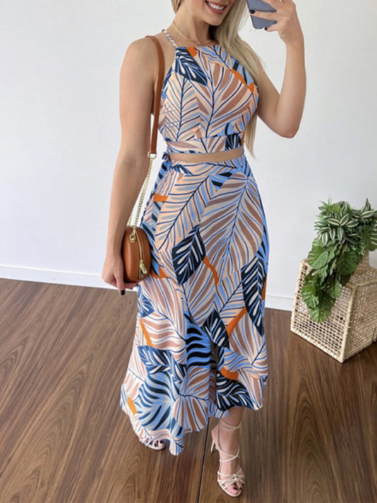 Women's Printed Short Tether Tank Top High Waist Skirt Two-Piece Set