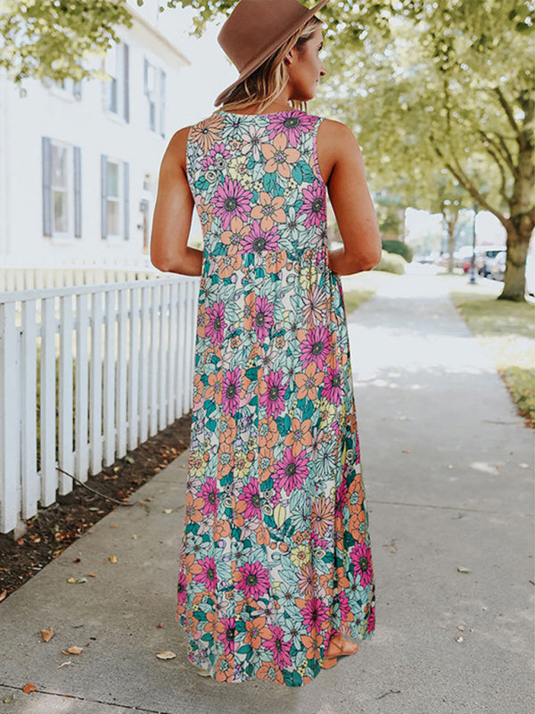 Ladies Floral Print Round Neck Sleeveless Maxi Dress