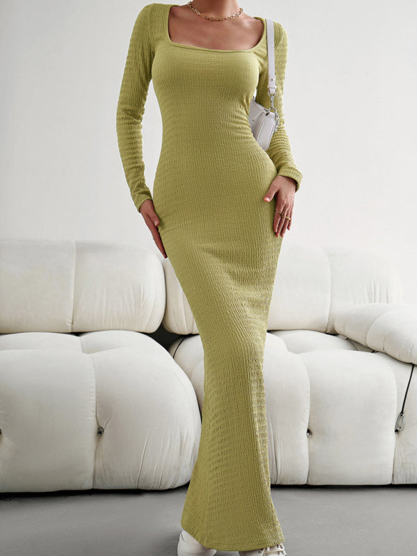 New Ladies Fit Square Neck Long Sleeve Knitted Dress