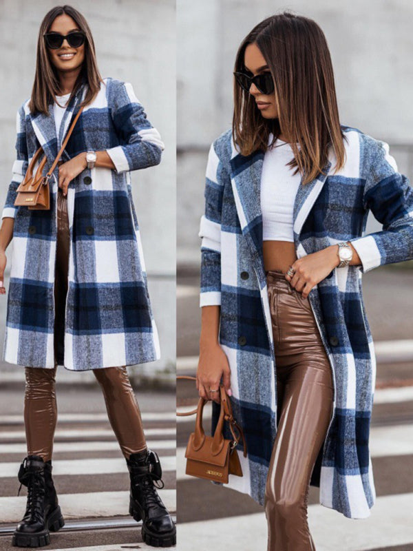 Women's mid-length plaid woolen printed coat