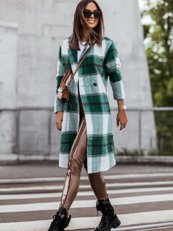 Women's mid-length plaid woolen printed coat