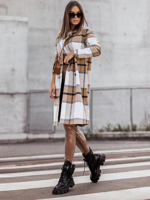 Women's mid-length plaid woolen printed coat