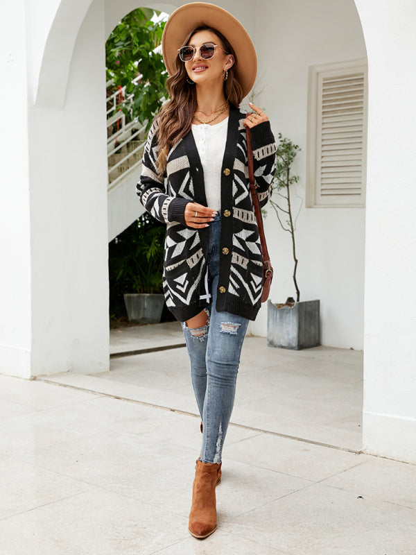 Women's Diamond Loose Jacquard Knitted Cardigan