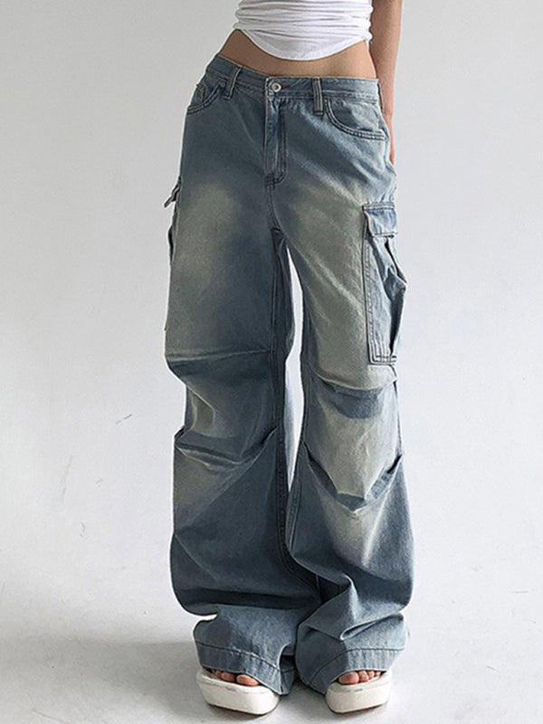 New street style distressed washed pocket splicing jeans loose straight trousers