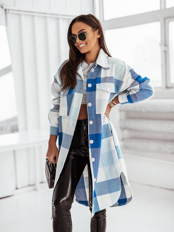 Women's new color flannel plaid long windbreaker fashionable shirt woolen jacket