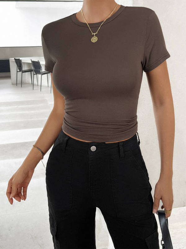 New solid color top, waisted, short, slim fit, navel-baring T-shirt