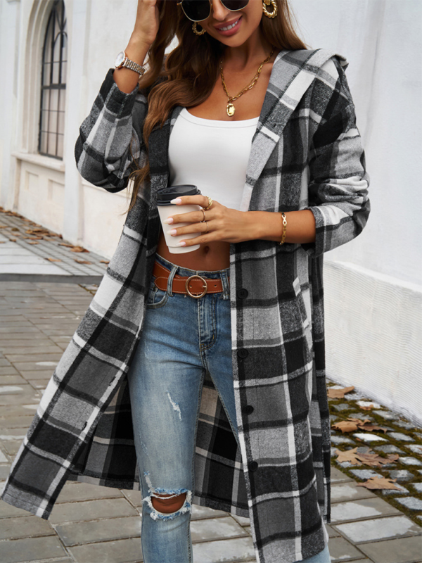 Women's casual loose check contrast color buttoned hooded jacket