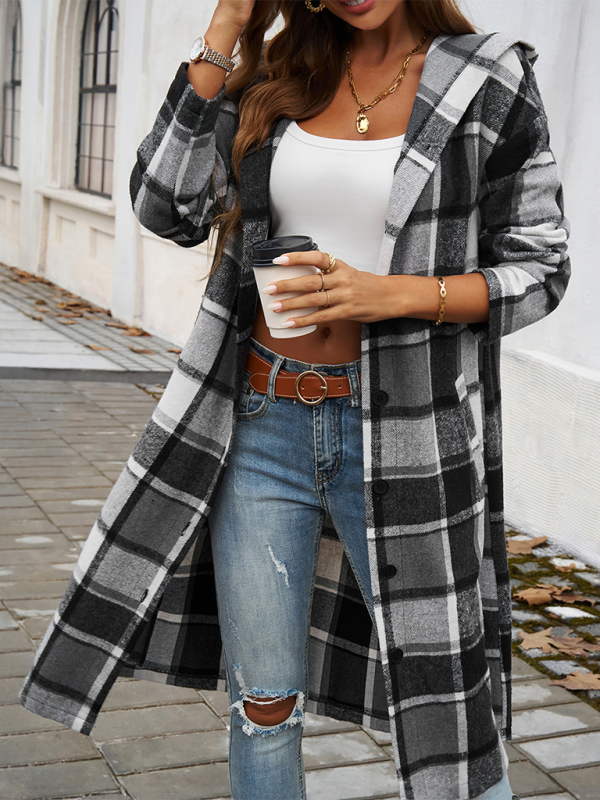 Women's casual loose check contrast color buttoned hooded jacket