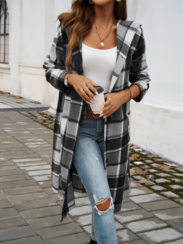 Women's casual loose check contrast color buttoned hooded jacket