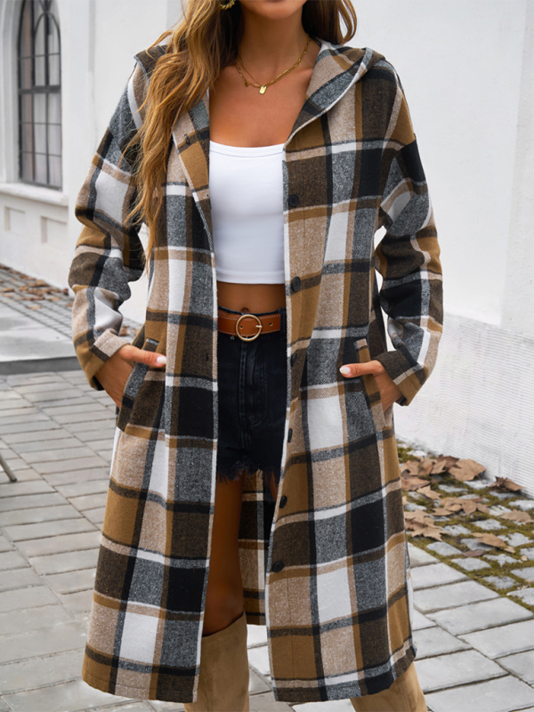 Women's casual loose check contrast color buttoned hooded jacket