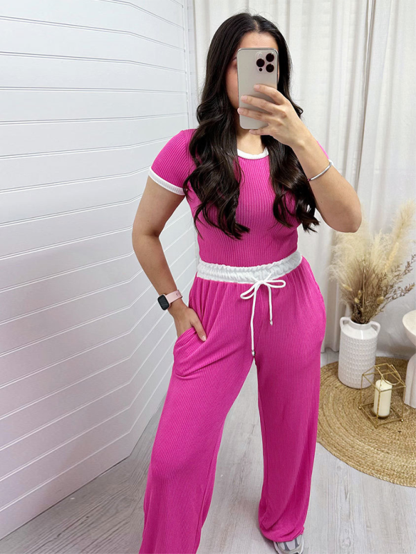 Women's round neck contrast color short sleeve fashion casual wide leg pants sports suit