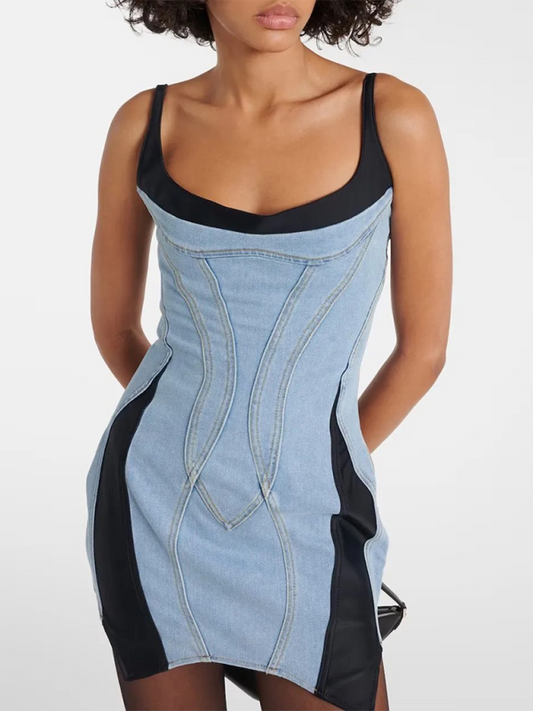 Spliced suspender hip-wrapped denim dress