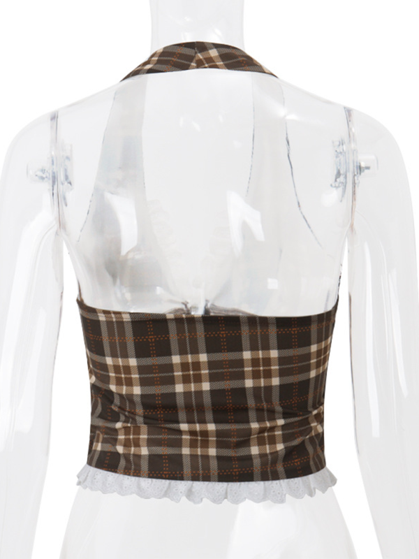 New Fashion Sexy French Sweet Retro Plaid Halter Vest Top