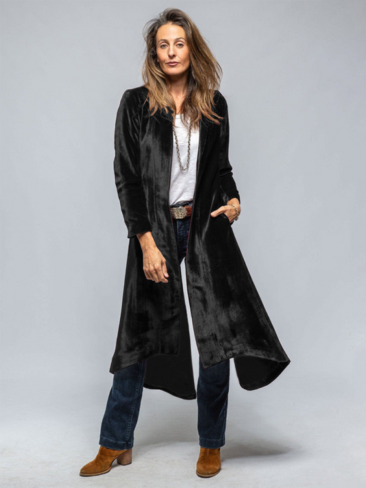 Women's Velvet Long Cardigan Solid Color Vintage Split Jacket Trench Coat Loose Coat