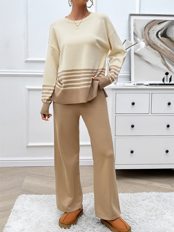 Casual Loose Clashing Color Straight Pants Sweater Set