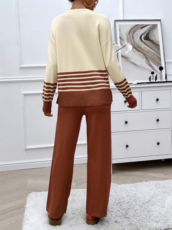 Casual Loose Clashing Color Straight Pants Sweater Set