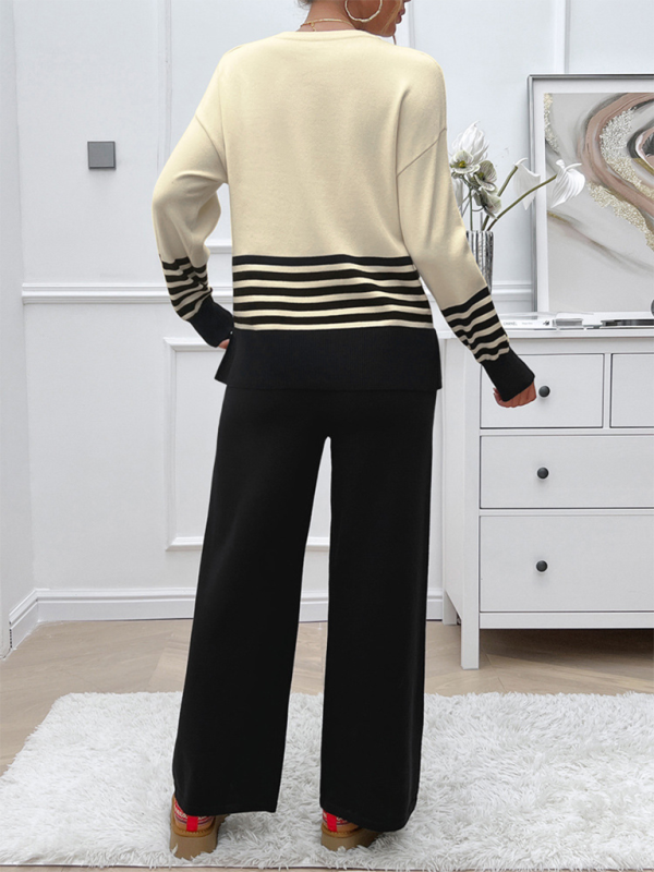 Casual Loose Clashing Color Straight Pants Sweater Set