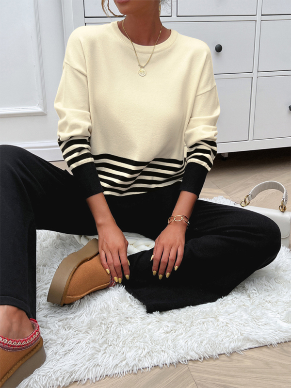 Casual Loose Clashing Color Straight Pants Sweater Set